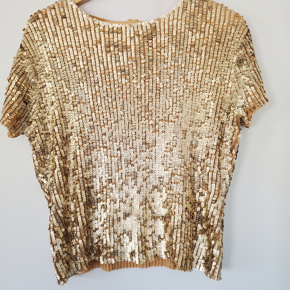 VINTAGE OSCAR DE LA RENTA Sz L Gold Sequin Short Sleeve Sweater Top Zip GLITZY - Picture 13 of 16
